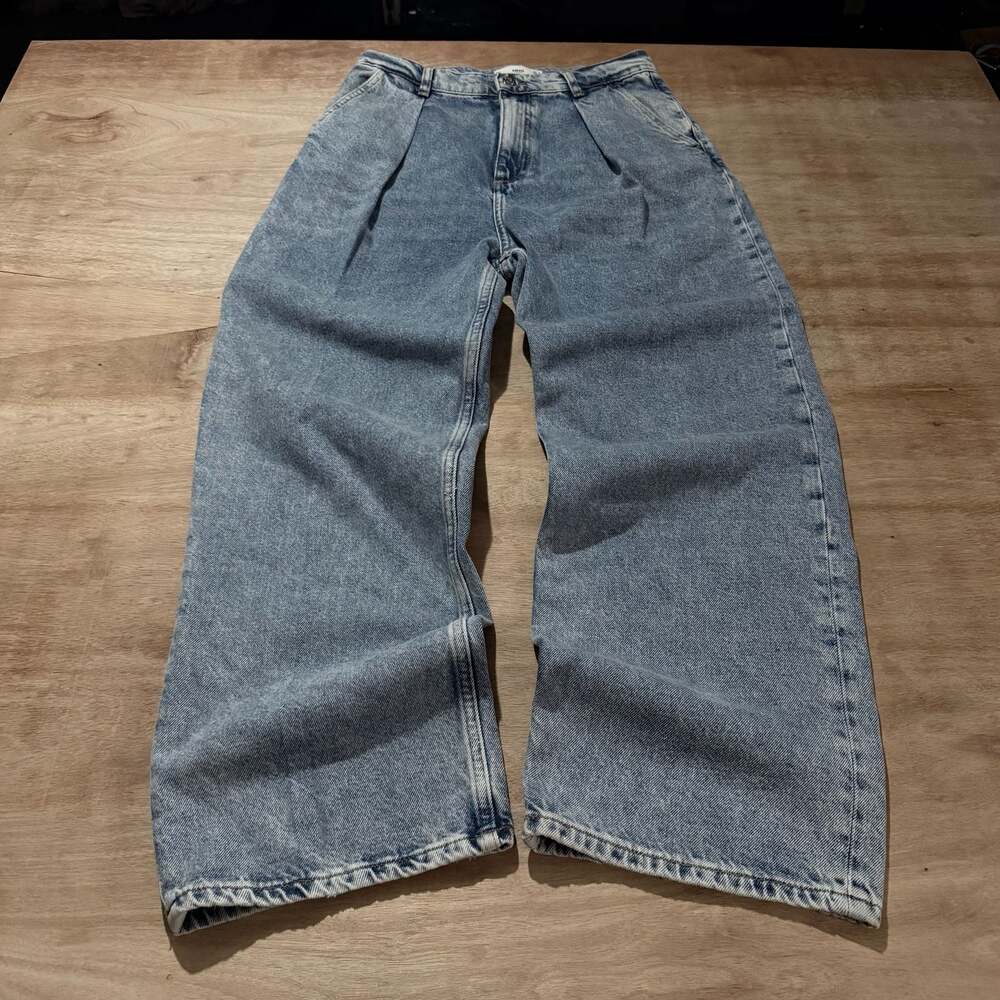 MNG Denim Pleated Wide-Leg Light Wash Jeans Size EUR 38